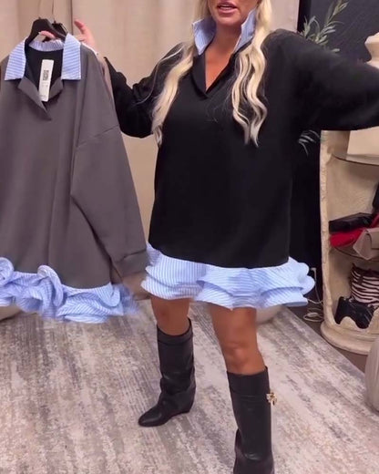 Lapel Patchwork Ruffle Dress