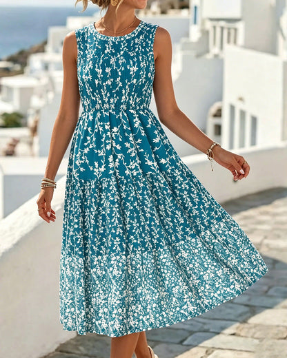 Sleeveless Floral Waist-Cinching A-Line Dress