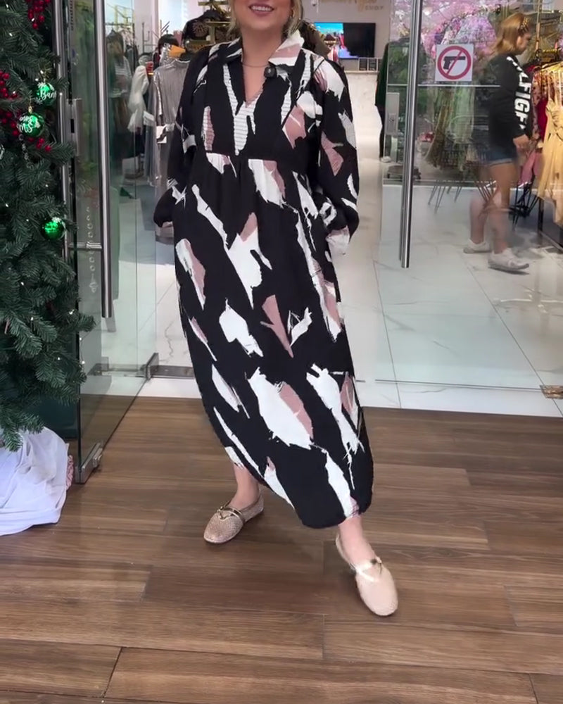 V-Neck Printed Long-Sleeved Dress