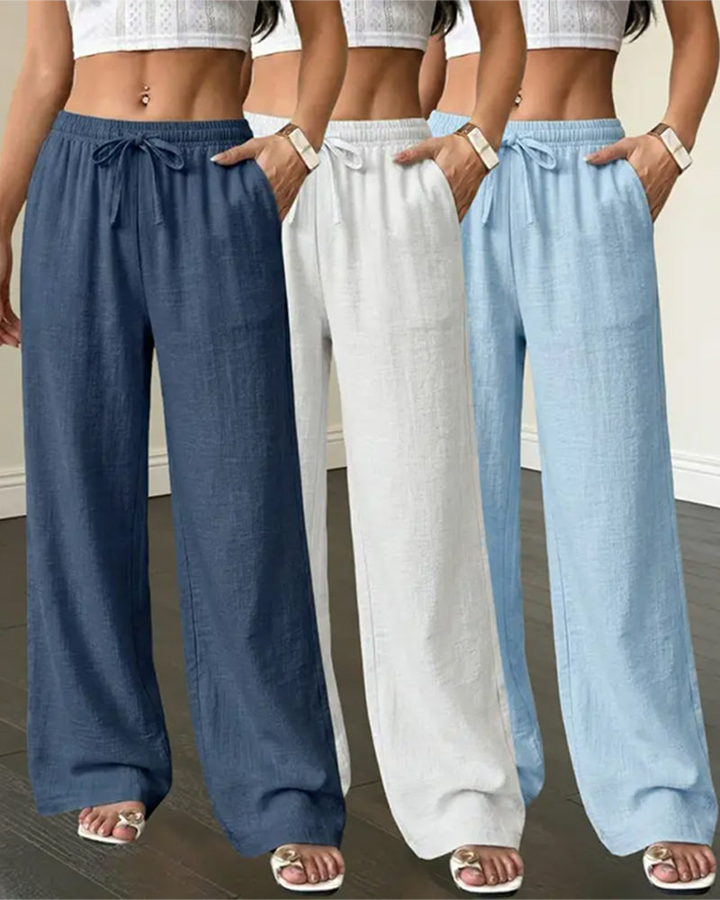 Tie Straight Leg Solid Versatile Long Pant
