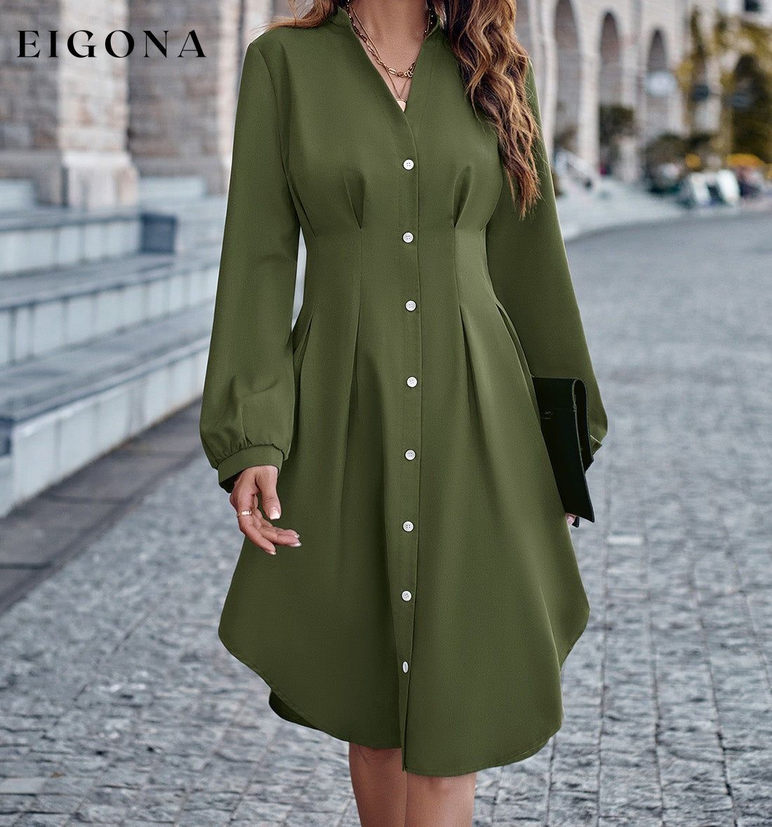 Notched Neck Long Sleeve Dress casual dresses clothes dress dresses long sleeve dress long sleeve dresses S.N Ship From Overseas short dresses trend