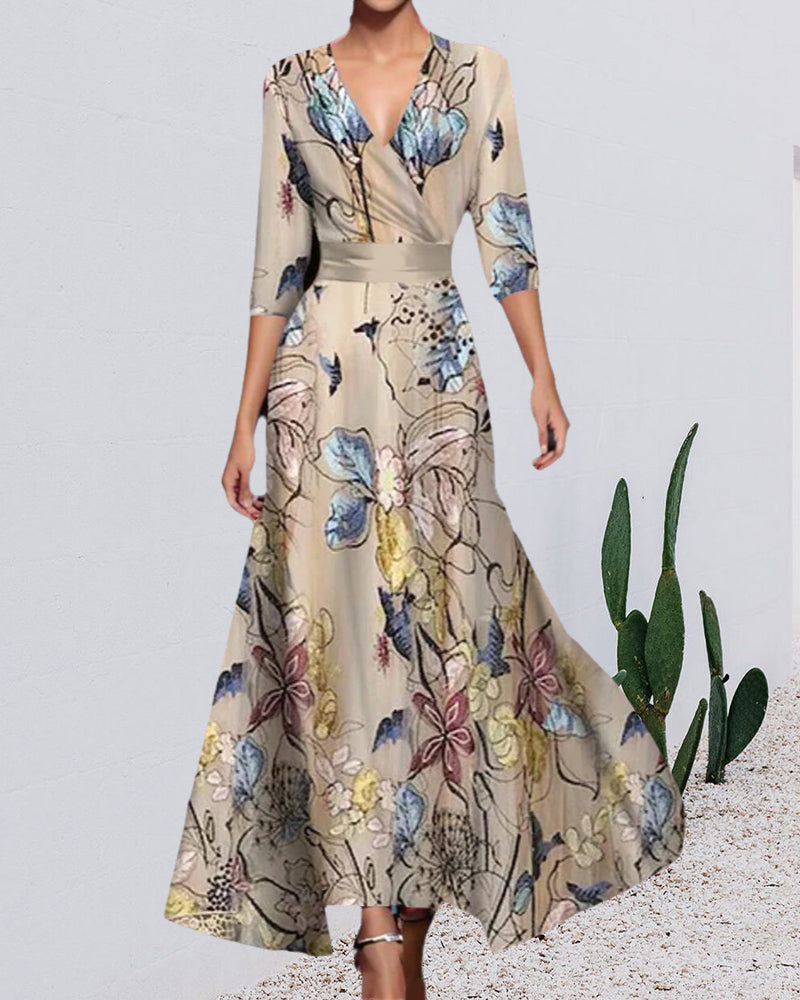 V-neck premium waist printed long dress party dresses spring summer