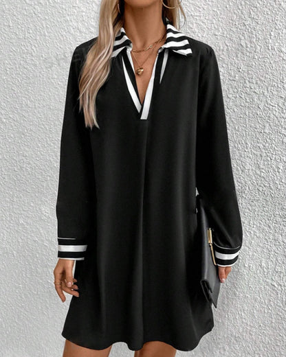 Lapel striped straight long sleeve dress casual dresses spring summer