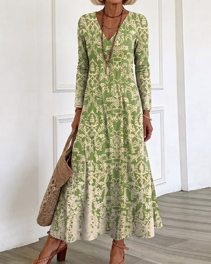 V-Neck A-Line Long Sleeve Maxi Dress