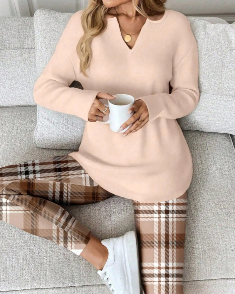 V-Neck Solid Top + Plaid Pants Loungewear Set 2024 f/w spring two-piece sets