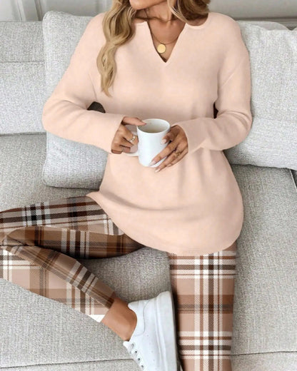 V-Neck Solid Top + Plaid Pants Loungewear Set 2024 f/w spring two-piece sets