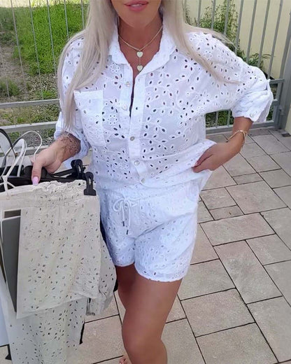 Long-Sleeved Lapel Hollow Shorts Set