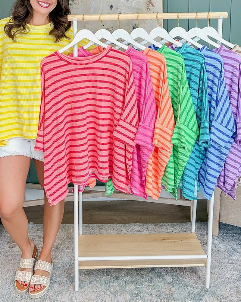 Loose Fit Stripe Slit Batwing Sleeve T-Shirt