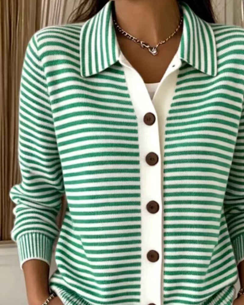 Lapel Button Striped Cardigan