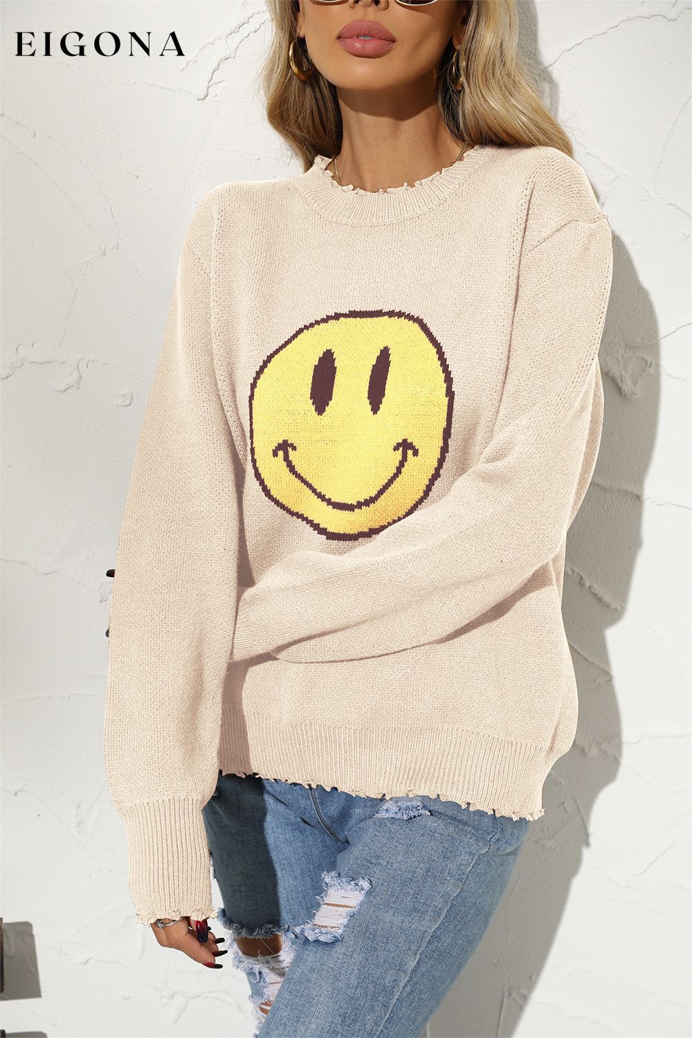 Round Neck Long Sleeve Smily Face Graphic Sweater Ivory clothes Ship From Overseas sweater top trend Y.S.J.Y