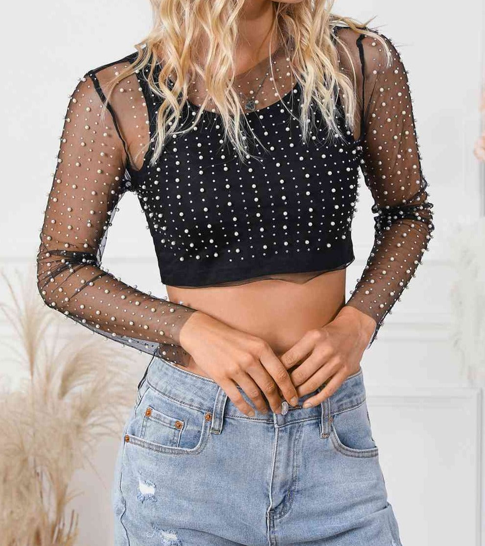Pearl Long Sleeve Mesh Cropped Top Black clothes crop top crop tops cropped croptop long sleeve shirt long sleeve shirts long sleeve top Ship From Overseas shirt shirts SYNZ top tops