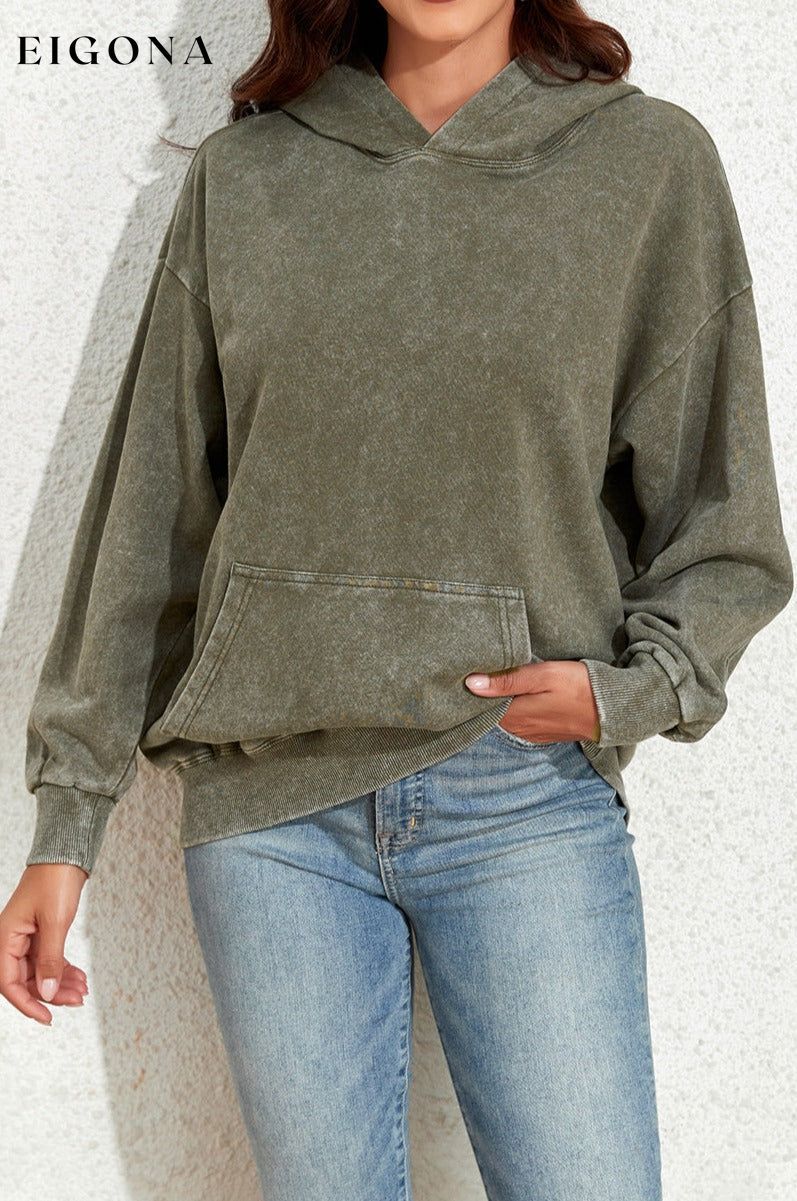 Sage Green Vintage Wash Kangaroo Pocket Hoodie clothes Color Green Craft Washed Occasion Daily Print Solid Color Season Fall & Autumn Style Casual sweat Sweater sweaters Sweatshirt