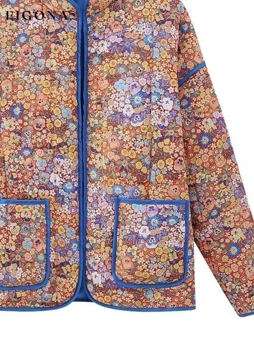 Floral Open Front Puffer Jacket with Pockets