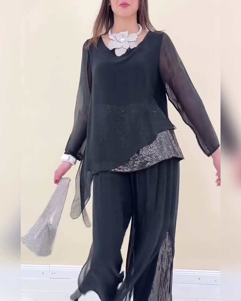 Long-Sleeved Sequined Solid Color Suit