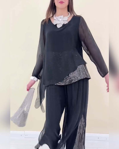 Long-Sleeved Sequined Solid Color Suit