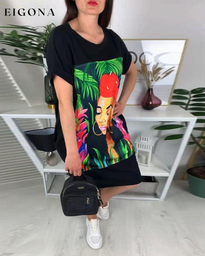 Portrait Printed Round Neck Dress casual dresses spring summer