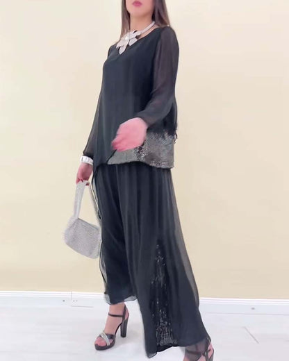 Long-Sleeved Sequined Solid Color Suit