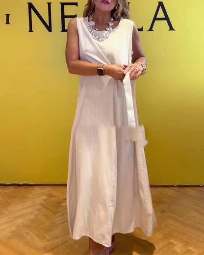 Sleeveless Cotton And Linen Waist Solid Color Dress