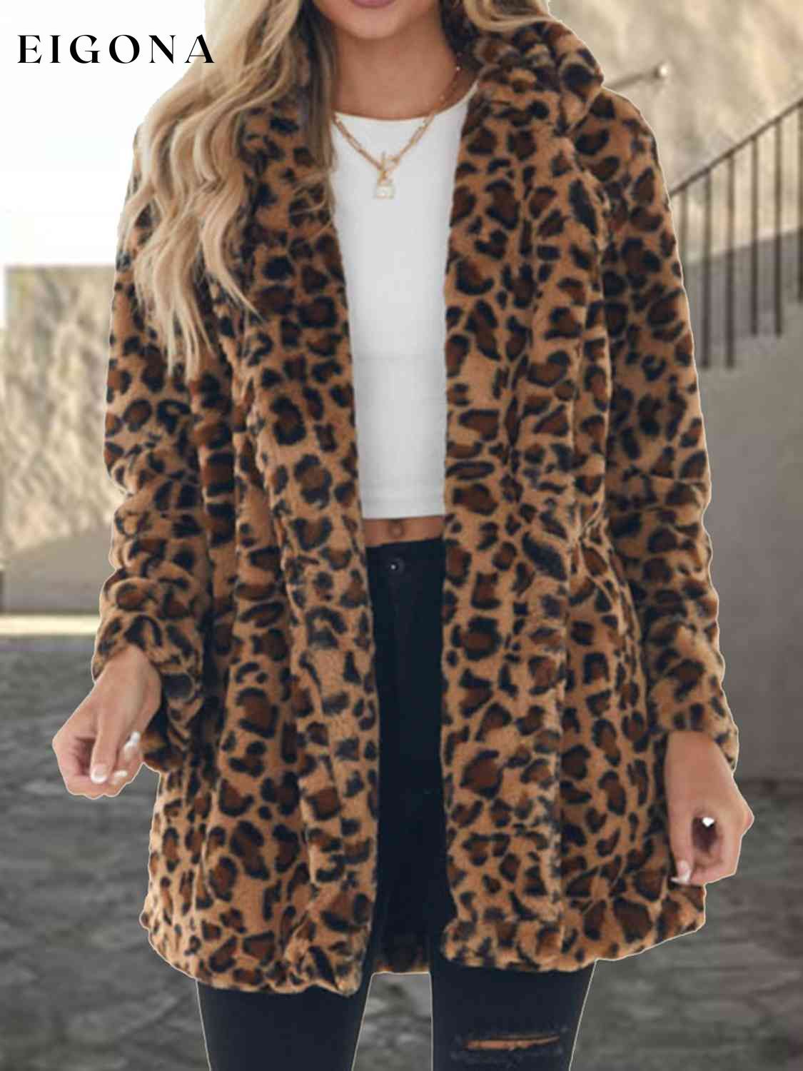 Leopard Collared Neck Coat with Pockets Coffee Brown clothes Jackets & Coats P@S Ship From Overseas