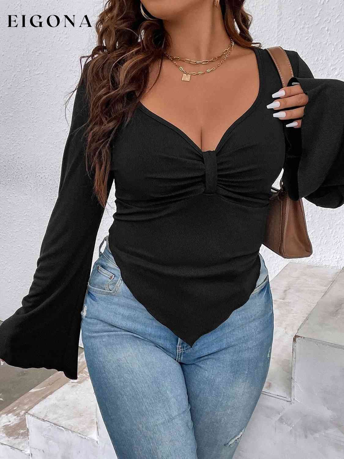 Plunge Flare Sleeve Top clothes long sleeve shirt long sleeve shirts long sleeve top long sleeve tops Ship From Overseas shirt shirts top tops Y@Q@S