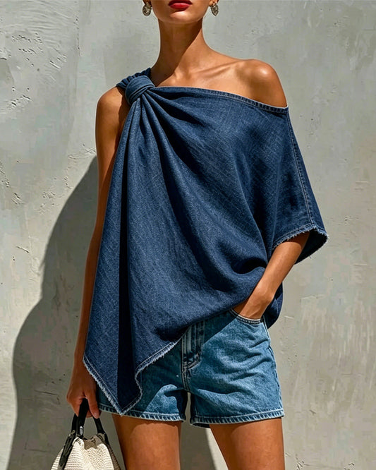 Denim Kink One Shoulder Blouse blouses & shirts spring summer