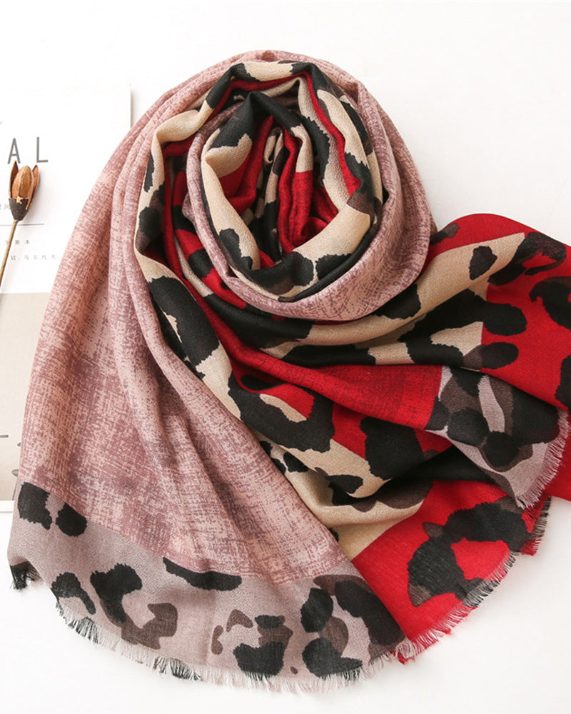Women's Leopard Patchwork Print Fringe Shawl Scarf 2024 f/w accesories spring summer