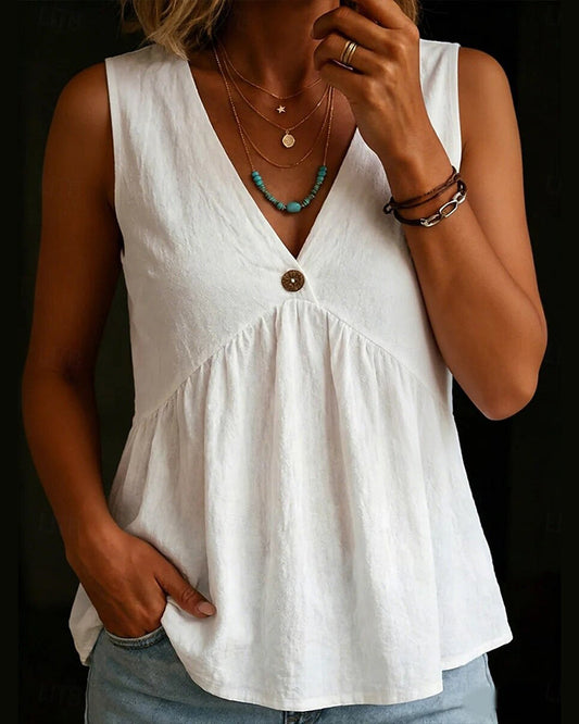 V-Neck Single Button Pleated Sleeveless Tank Top