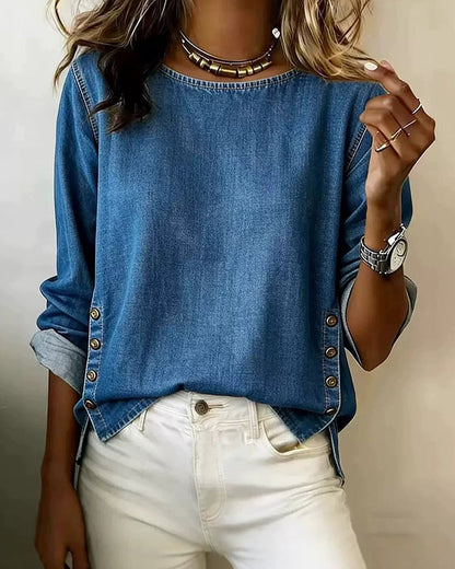 Round Neck Side Split Button Blouse