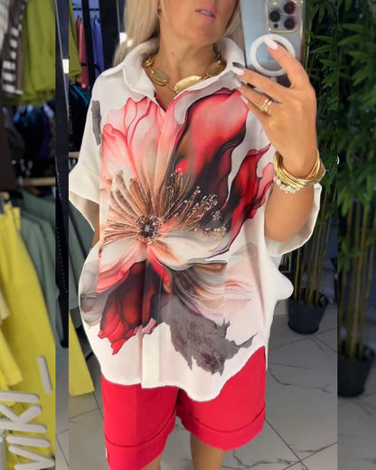 Lapel Large Flower Print Half Sleeve Blouse