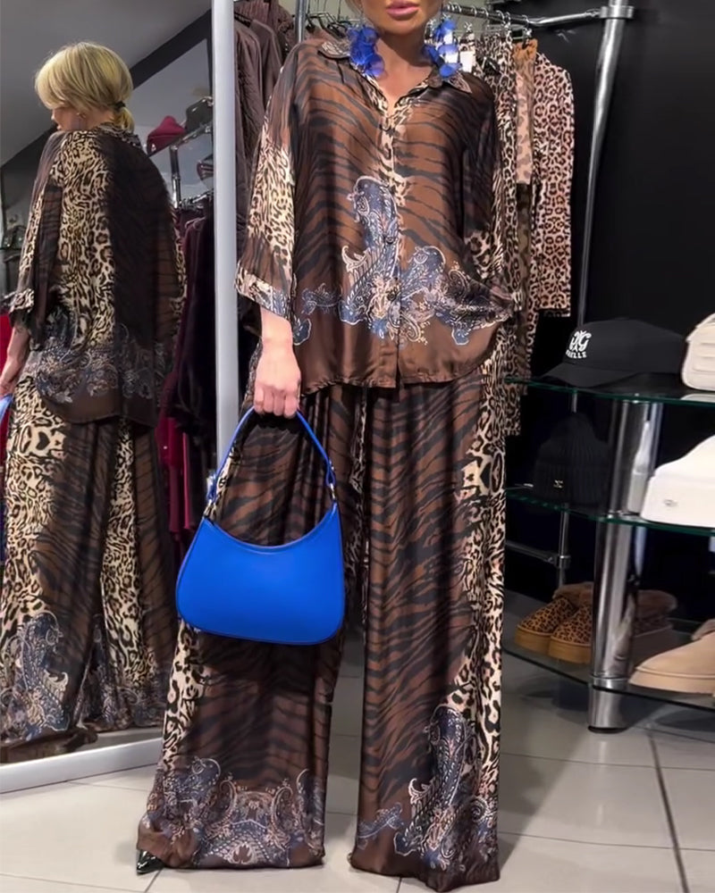 Stylish Leopard Print Wide-Leg Pants Set