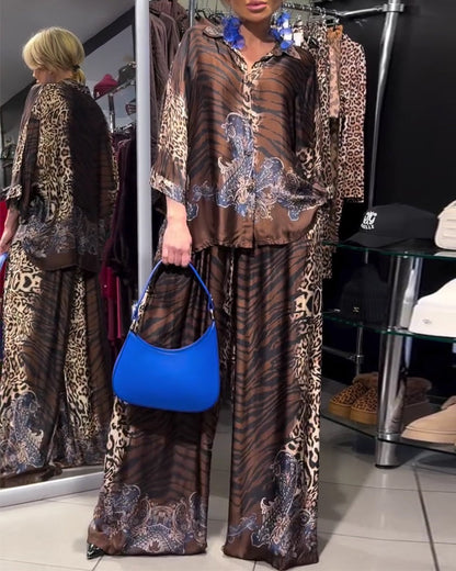 Stylish Leopard Print Wide-Leg Pants Set