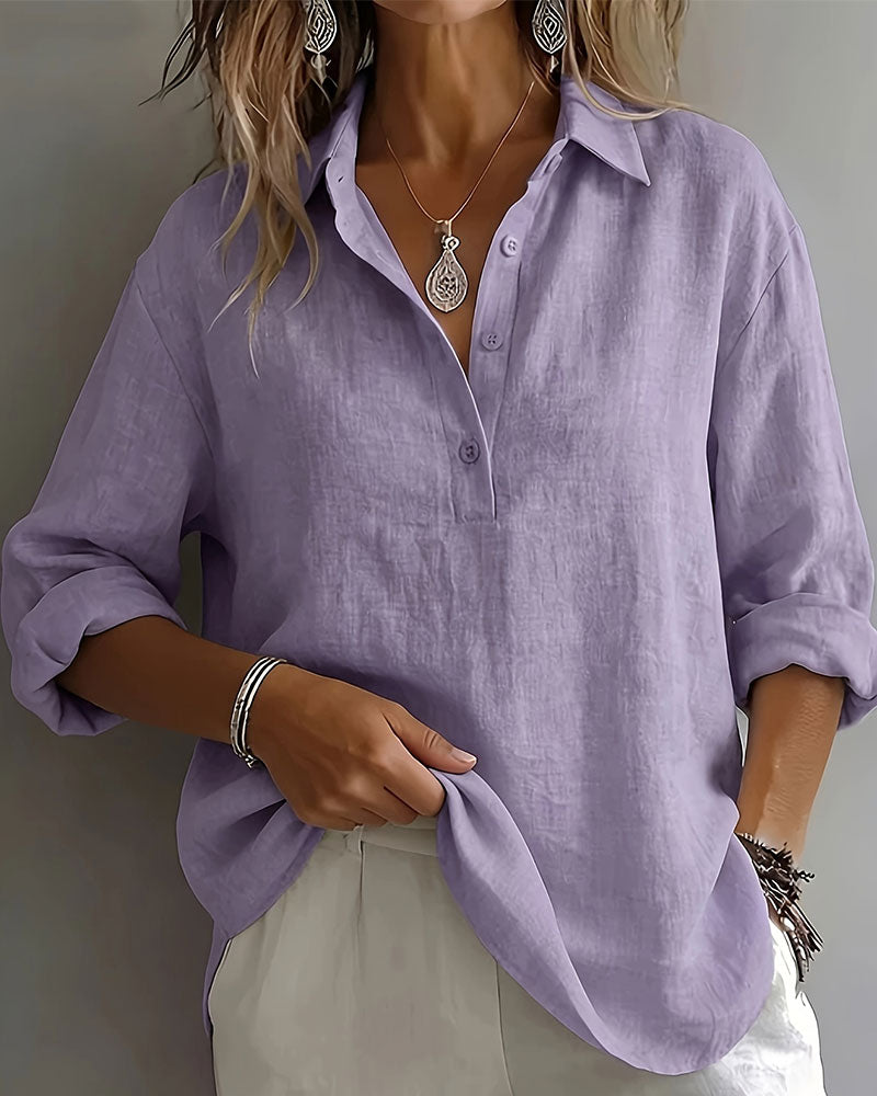Solid Color Lapel Half-Placket Long Sleeve Blouse