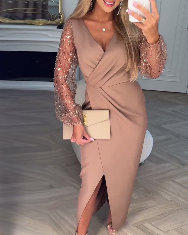 Sequined Sleeves Elegant Slit Dress