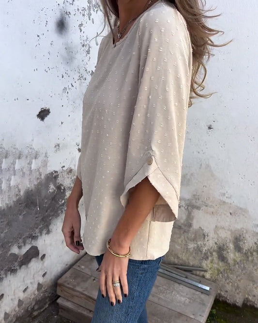 Long-Sleeved Round Neck Solid Color Blouse