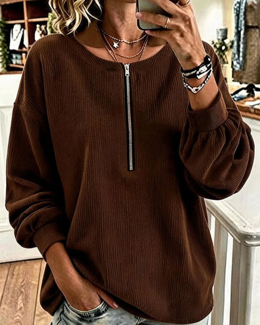 Crew Neck Zip Striped Drop Shoulder Sweatshirt