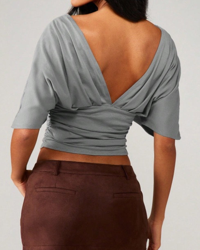 V-Neck Batwing Sleeve Waist Tie Top