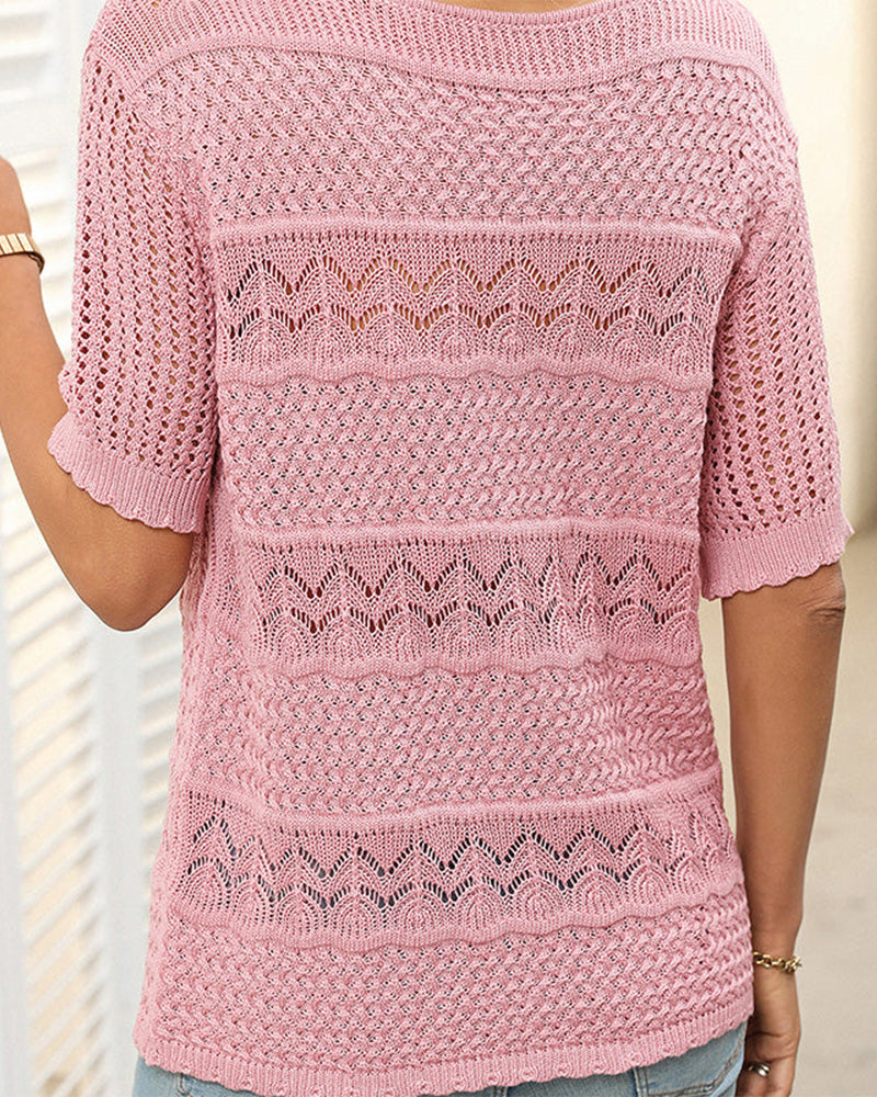 Women's Round Neck Hollow Knit Crochet Short Sleeve Sweater