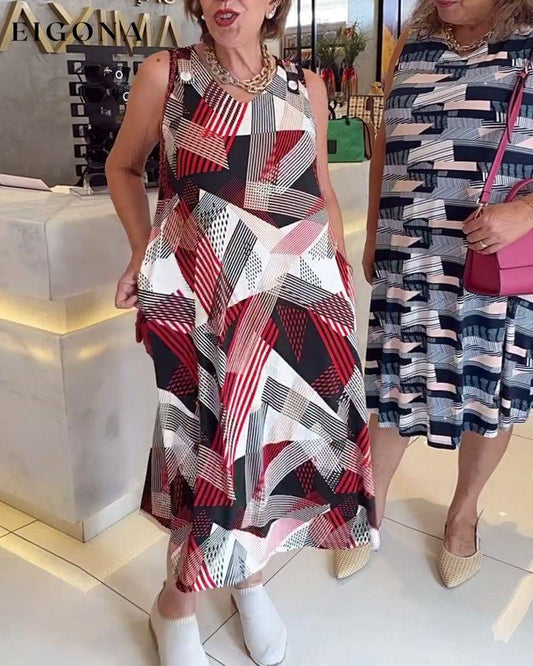 Geometric print sleeveless pocket casual dress casual dresses summer