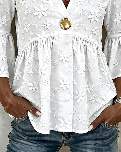 V-Neck Flared Sleeve Cinched Waist Blouse