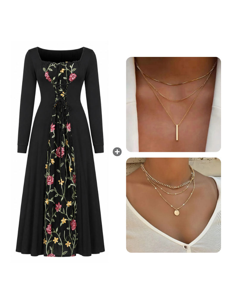 Square Neck Rose Spliced Maxi Dress 2024 f/w casual dresses