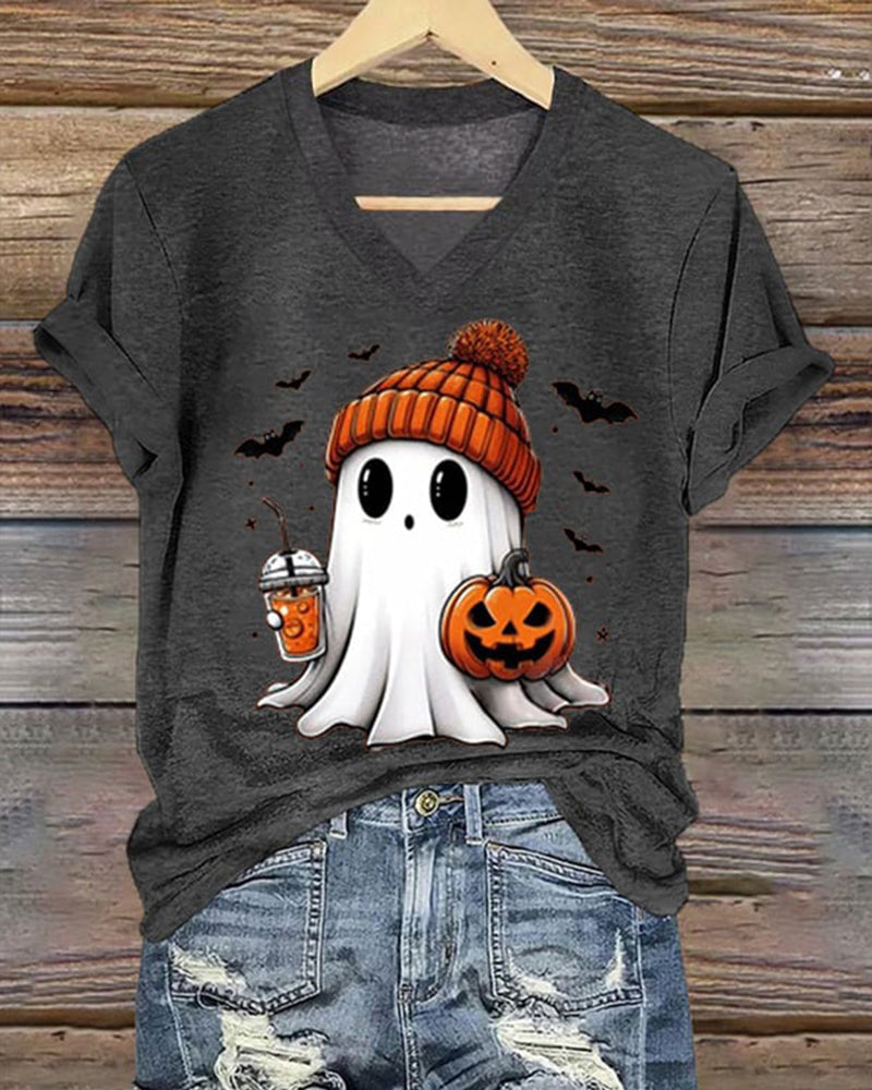 Women'S Ghost Print V-neck T-shirt 2024 f/w halloween spring summer t-shirts