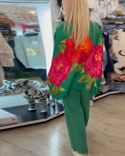 Bat-Sleeve Large Flower Print Blouse