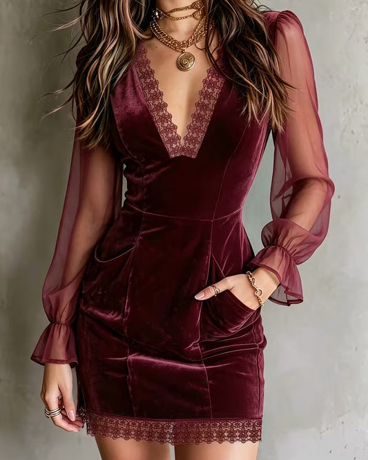 V-Neck Slim Fit Lace Patchwork Dress 2024f/w casual dresses spring