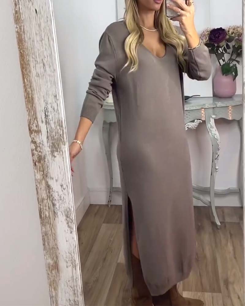 Casual V-neck Slit Sweater Dress 2024 f/w casual dresses