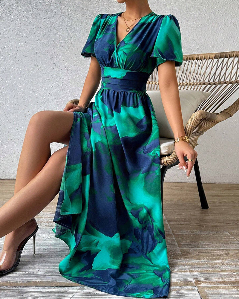 Elegant floral print V-neck swing dress 202466 casual dresses summer