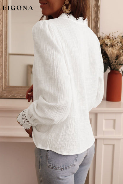 White Lace Crochet Trim Deep V Neck Textured Blouse All In Stock clothes Day Valentine's Day EDM Monthly Recomend Fabric Lace Fabric Linen long sleeve shirt long sleeve shirts long sleeve top Occasion Daily Print Solid Color Season Winter shirt shirts Style Elegant top tops