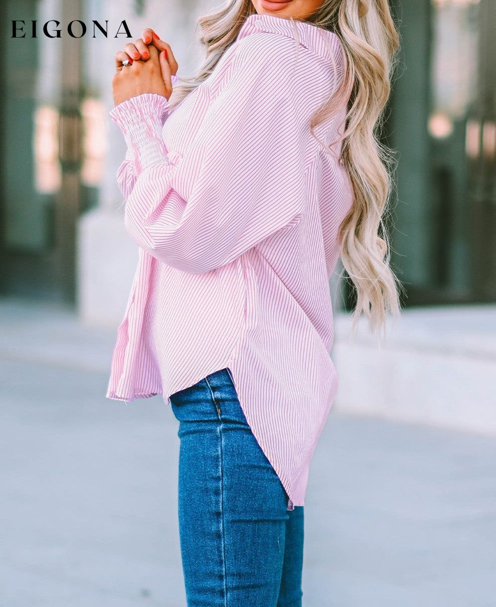 Pink Smocked Cuffed Striped Boyfriend Shirt with Pocket All In Stock button down womens clothes Color Pink Craft Smocked DL Exclusive Early Fall Collection long sleeve shirts long sleeve top Occasion Daily Print Stripe Season Spring Stripe tops Style Modern tops