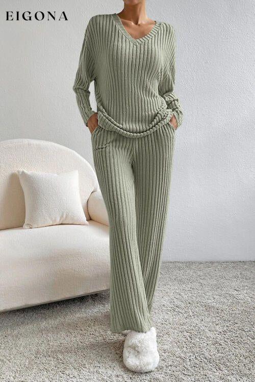 Ribbed V-Neck Top and Pants Set Sage clothes H.H.J Ship From Overseas