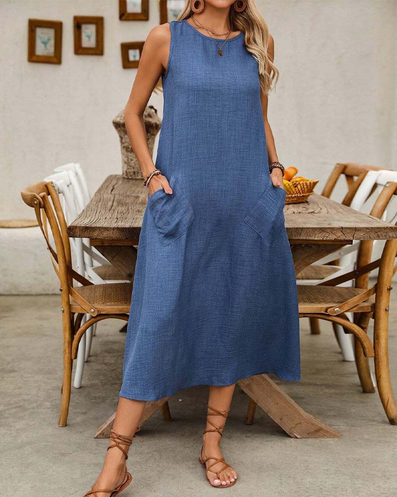 Round Neck Sleeveless Pocket Casual Dress