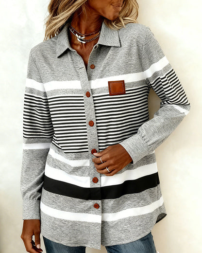 Lapel Contrast Casual Striped Blouse